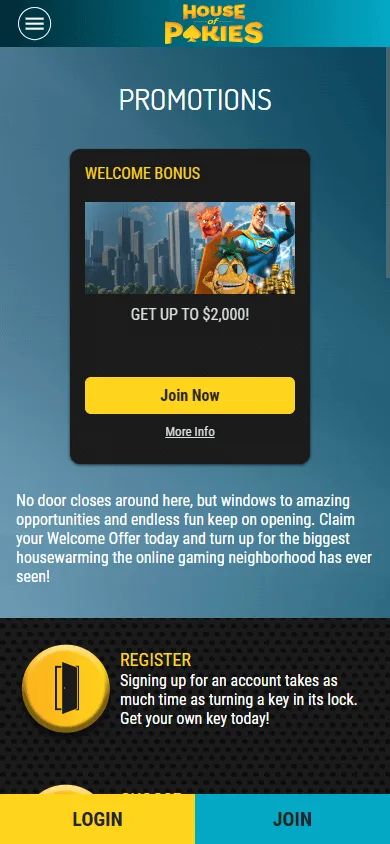 House Of Pokies Casino promotions screen on a mobile browser