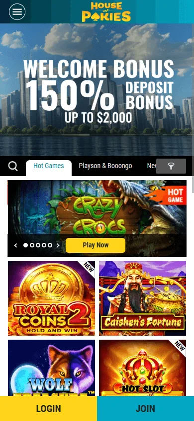 House Of Pokies Casino home screen on a mobile browser