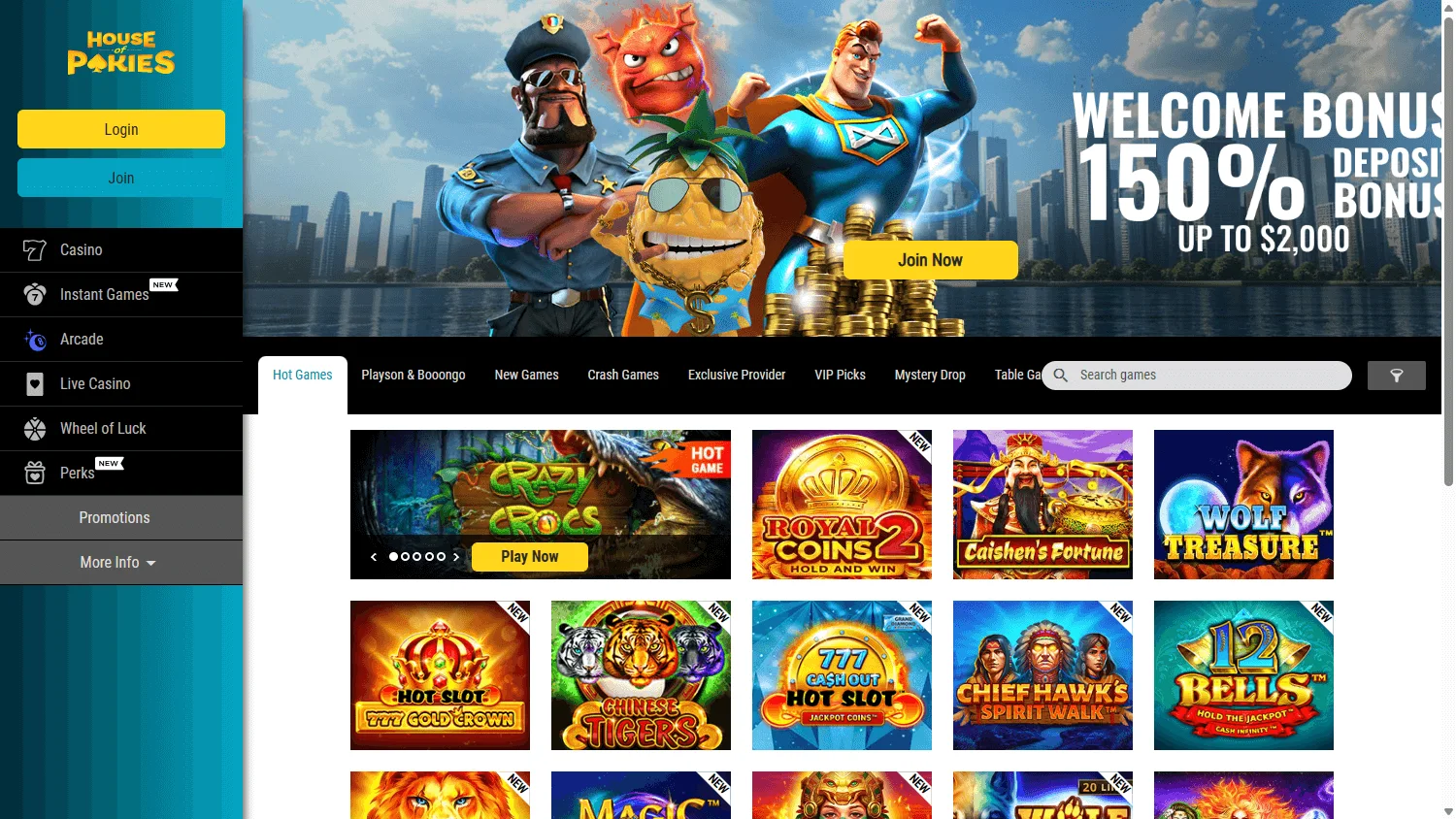 House Of Pokies Casino home screen on desktop